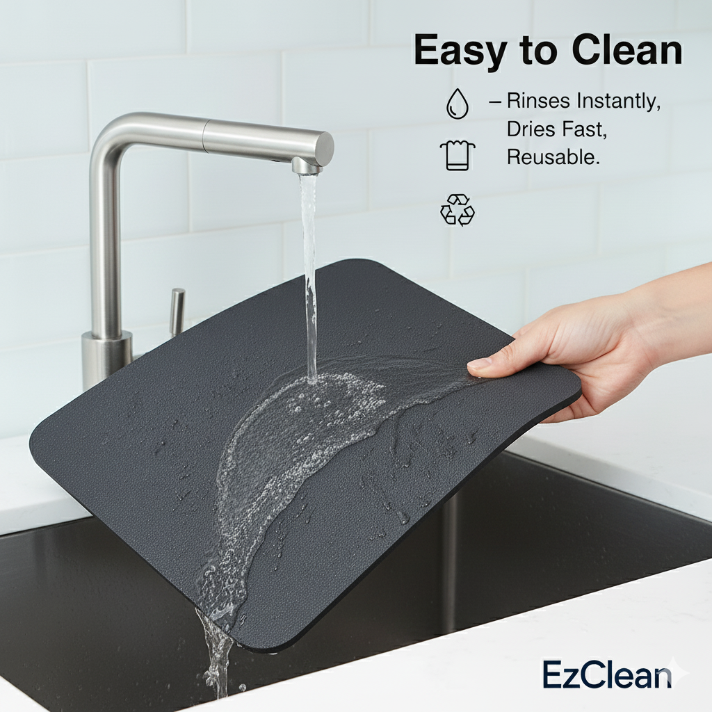 EzClean Premium Silicone Dish Drying Mat for Kitchen | Super Water Absorbent & Fast Drying | Anti-Bacterial, Heat-Resistant Mat for Wet Utensils & Glasses | Easy Clean Counter